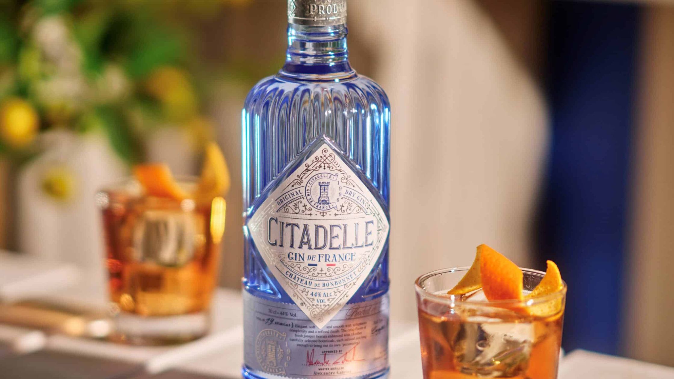 Citadelle Gin bottle with elegant French design, showcasing premium London Dry style crafted with 19 botanicals.